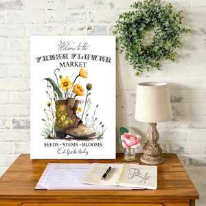 Welcome to the fresh flower market - bakancs 30x20 cm vagy 40x30 cm fa tábla vagy vászonkép több méretben, tavasz,húsvét - otthon & életmód - dekoráció - kép & falikép - táblakép - Meska.hu