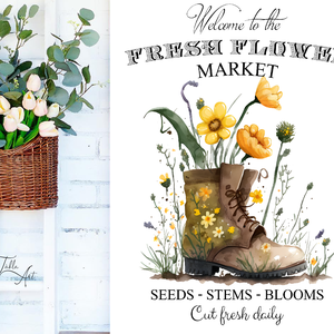 Welcome to the fresh flower market - bakancs 30x20 cm vagy 40x30 cm fa tábla vagy vászonkép több méretben, tavasz,húsvét - otthon & életmód - dekoráció - kép & falikép - táblakép - Meska.hu