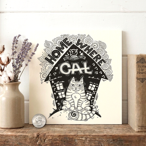 Home is where the cat is 20x20 cm fa tábla - otthon & életmód - dekoráció - kép & falikép - táblakép - Meska.hu