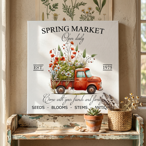 Spring market - piros autó 30x30 cm fa tábla vagy vászonkép különböző méretben, tavaszi, húsvéti dekoráció - Meska.hu