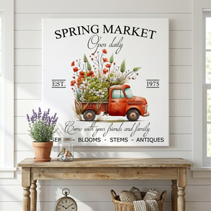 Spring market - piros autó 30x30 cm fa tábla vagy vászonkép különböző méretben, tavaszi, húsvéti dekoráció - otthon & életmód - dekoráció - kép & falikép - táblakép - Meska.hu