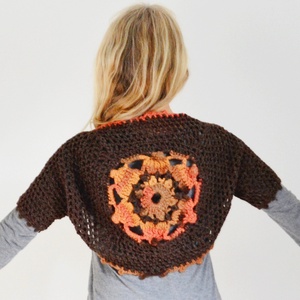 Barna - pasztell mandala - horgolt buborék boleró narancsvörös mandala mintával., Ruha & Divat, Női ruha, Bolero, Horgolás, MESKA