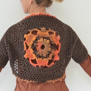 Barna - pasztell mandala - horgolt buborék boleró narancsvörös mandala mintával. - ruha & divat - női ruha - bolero - Meska.hu