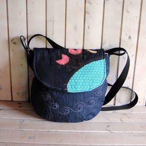 Adéle sötétkék hímzett női farmer táska, válltáska - Meska.hu