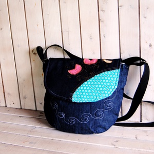 Adéle sötétkék hímzett női farmer táska, válltáska - táska & tok - kézitáska & válltáska - válltáska - Meska.hu