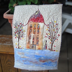 Textilkép- házikós kép, selyem- festett-kép, Művészet, Festmény, Festmény vegyes technika, Festészet, MESKA