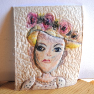 Textilkép- hölgy kalapban kép, selyem- festett-kép - Meska.hu