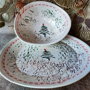 Lapos és mély tányér szett karácsonyfa mintával, étkészlet, tálaló, kínáló szett - Meska.hu