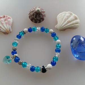 Tengerszem üveg és ásvány karkötő Swarovski szív medállal -  - Meska.hu