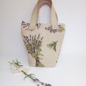 Gobelin szövésű, levendula mintás kislánytáska bőrfüllel.  - Meska.hu