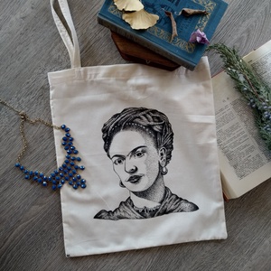 Frida kézzel festett arckép, pontozásos technikával, natúr színű vászontáska - táska & tok - bevásárlás & shopper táska - shopper, textiltáska, szatyor - Meska.hu