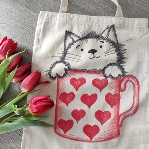 egy bögrényi cica  kézzel rajzolt natúr vászontáska - táska & tok - bevásárlás & shopper táska - shopper, textiltáska, szatyor - Meska.hu