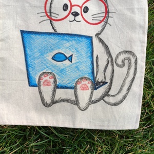 home office cica  kézzel rajzolt natúr vászontáska - táska & tok - bevásárlás & shopper táska - shopper, textiltáska, szatyor - Meska.hu