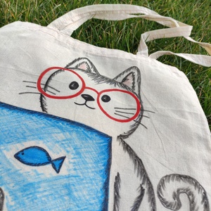 home office cica  kézzel rajzolt natúr vászontáska - táska & tok - bevásárlás & shopper táska - shopper, textiltáska, szatyor - Meska.hu