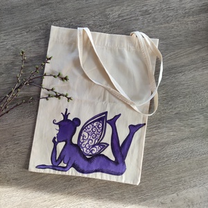 unatkozó lila tündér    kézzel rajzolt natúr vászontáska - táska & tok - bevásárlás & shopper táska - shopper, textiltáska, szatyor - Meska.hu