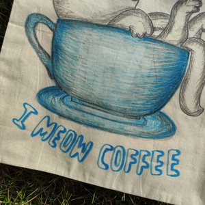I need coffee :) aranyos cicás kézzel rajzolt natúr vászontáska - táska & tok - bevásárlás & shopper táska - shopper, textiltáska, szatyor - Meska.hu