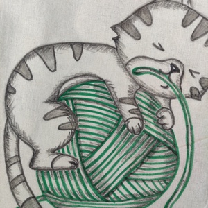 gombolyag cica, kézzel rajzolt natúr vászontáska - táska & tok - bevásárlás & shopper táska - shopper, textiltáska, szatyor - Meska.hu