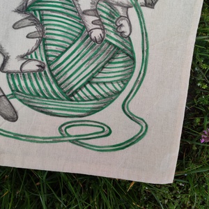 gombolyag cica, kézzel rajzolt natúr vászontáska - táska & tok - bevásárlás & shopper táska - shopper, textiltáska, szatyor - Meska.hu