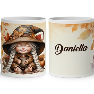 Névvel kérhető - Kávézós őszi manó lány mintás bögre - Meska.hu