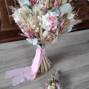 Menyasszonyi csokor kitűzővel(beige-rózsaszín), Esküvő, Menyasszonyi- és dobócsokor, Virágkötés, MESKA