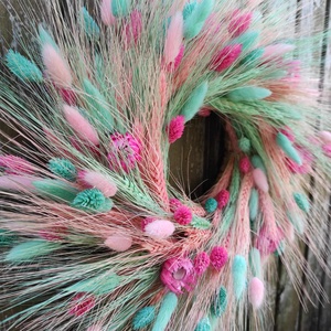 Színes szárazvirág koszorú,ajtódísz(pink-türkiz), Otthon & Életmód, Dekoráció, Ajtó- és ablak dekoráció, Ajtódísz & Kopogtató, Virágkötés, MESKA