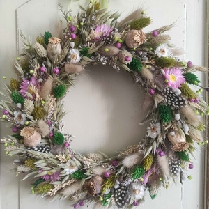 Tavaszi szárazvirág koszorú,ajtódísz(zöld-pink) - Meska.hu