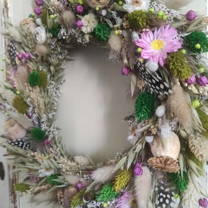 Tavaszi szárazvirág koszorú,ajtódísz(zöld-pink) - otthon & életmód - dekoráció - ajtó- és ablak dekoráció - ajtódísz & kopogtató - Meska.hu