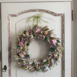 Tavaszi szárazvirág koszorú,ajtódísz(zöld-pink) - otthon & életmód - dekoráció - ajtó- és ablak dekoráció - ajtódísz & kopogtató - Meska.hu