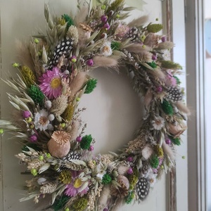Tavaszi szárazvirág koszorú,ajtódísz(zöld-pink) - otthon & életmód - dekoráció - ajtó- és ablak dekoráció - ajtódísz & kopogtató - Meska.hu