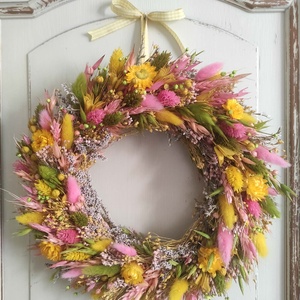 Szárazvirág koszorú,ajtódísz(sárga) - Meska.hu