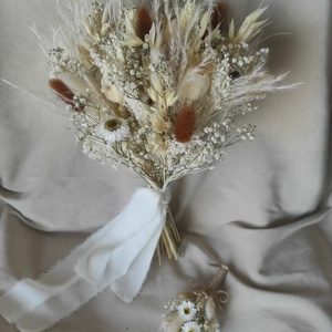 Menyasszonyi csokor kitűzővel(beige-fehér), Esküvő, Menyasszonyi- és dobócsokor, Virágkötés, MESKA