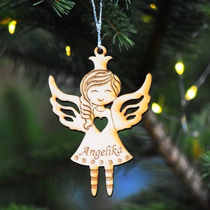 Angyalkás fa karácsony fa dísz név gravírozással, Karácsony, Karácsonyi lakásdekoráció, Karácsonyfadíszek, Famegmunkálás, MESKA