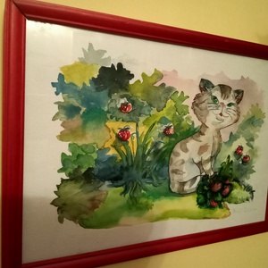 Cica az epreskertben - festmény - művészet - festmény - akvarell - Meska.hu