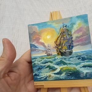 Hajók a tengeren 10 x 10 cm - művészet - festmény - akril - Meska.hu