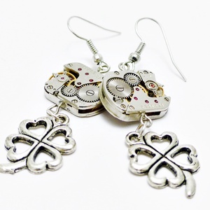 Steampunk fülbevaló lóhere kiegészítővel, Ékszer, Fülbevaló, Lógó fülbevaló, Újrahasznosított alapanyagból készült termékek, MESKA