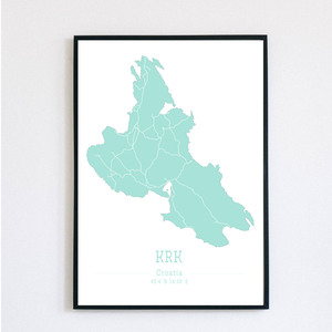 KRK (Horvátország) színes minimalista dekorációs térkép, Otthon & Lakás, Dekoráció, Kép & Falikép, Poszter, Fotó, grafika, rajz, illusztráció, Meska