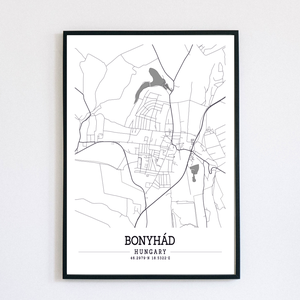 Bonyhád város fekete-fehér minimalista dekorációs térkép, Otthon & Lakás, Dekoráció, Kép & Falikép, Poszter, Fotó, grafika, rajz, illusztráció, MESKA