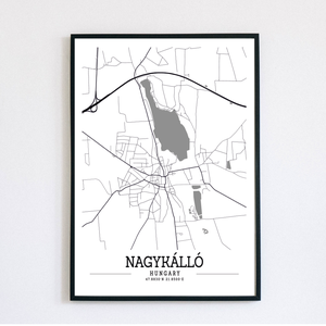 Nagykálló város fekete-fehér minimalista dekorációs térkép, Otthon & Életmód, Dekoráció, Kép & Falikép, Poszter, Fotó, grafika, rajz, illusztráció, MESKA
