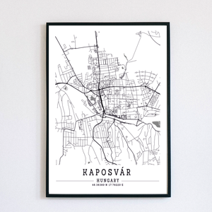 Kaposvár város fekete-fehér minimalista dekorációs térkép, Otthon & Életmód, Dekoráció, Kép & Falikép, Poszter, Fotó, grafika, rajz, illusztráció, MESKA