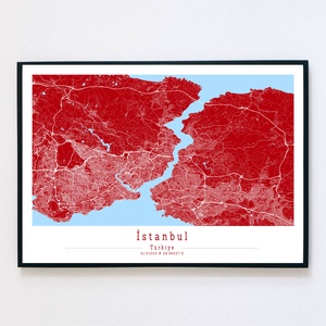 Minimalista Isztambul (Törökország) piros-fehér-kék dekorációs térkép  - Meska.hu