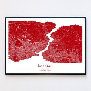 Minimalista Isztambul (Törökország) piros-fehér-szürke dekorációs térkép , Otthon & Életmód, Dekoráció, Kép & Falikép, Poszter, Fotó, grafika, rajz, illusztráció, MESKA
