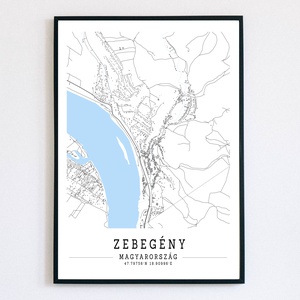 Minimalista Zebegény fekete-fehér-kék dekorációs térkép  - Meska.hu