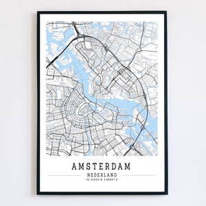 Minimalista Amszterdam (Hollandia) fekete-fehér-kék dekorációs térkép  - Meska.hu