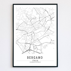 Minimalista Bergamo (Olaszország) fekete-fehér-kék dekorációs térkép  - Meska.hu