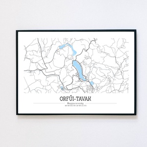 Orfűi-tavak fekete-fehér-kék minimalista dekorációs térkép, Otthon & Életmód, Dekoráció, Kép & Falikép, Poszter, Fotó, grafika, rajz, illusztráció, MESKA