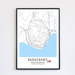 Badacsony fekete-fehér-kék minimalista dekorációs térkép, Otthon & Életmód, Dekoráció, Kép & Falikép, Poszter, Fotó, grafika, rajz, illusztráció, MESKA