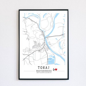 Tokaj fekete-fehér-kék minimalista dekorációs térkép, Otthon & Életmód, Dekoráció, Kép & Falikép, Poszter, Fotó, grafika, rajz, illusztráció, MESKA