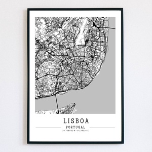 Lisszabon (Portugália) fekete-fehér minimalista dekorációs térkép - Meska.hu