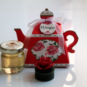 Nőnapi piros mézes teáskanna ajándék díszdoboz - otthon & életmód - gyertya, illat, aroma - gyertya - Meska.hu