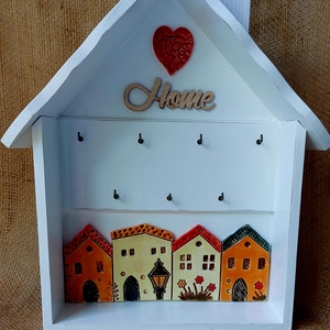 Fali kulcstartó kerámia házikókkal - otthon & életmód - dekoráció - fali és függő dekoráció - fali kulcstartó - Meska.hu